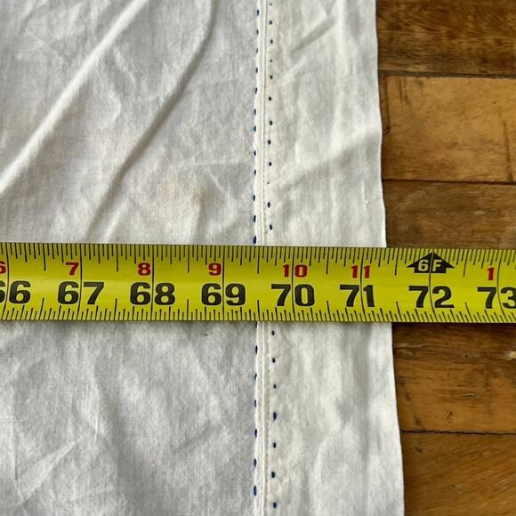Vintage Off White Tablecloth Blue Stitching 69"x 71.5" - Picture 10 of 14